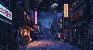 A bustling street is illuminated by bright fluorescent lights from signs and storefronts contrasting with the calm muted light of the moon and stars above photo