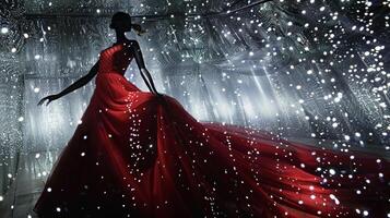 Against a backdrop of shimmering silver stars a mannequin in a flowing red gown appears to dance under the gentle glow of le lights. The display exudes a sense of enchantmen photo