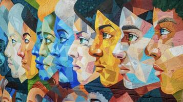 A large scale street art piece depicting a group of people from different backgrounds and walks of life coming together in a beautiful and harmonious mosaic of identities photo
