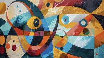A colorful abstract mural with elements of traditional and contemporary art styles representing the fusion and evolution of street art around the world photo