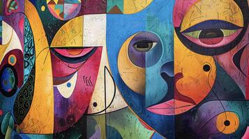A colorful abstract painting bursting with energy featuring shapes and figures that hint at a deeper meaning and thoughtprovoking narrative photo