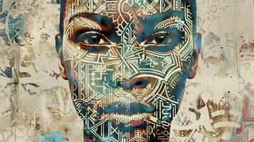A stencilstyle portrait of a person of color created with layers of intricate patterns and symbols that speak to their cultural heritage and identity photo