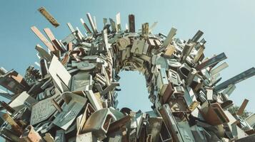 An eyecatching installation of various recycled materials formed into a large sculpture that spells out the word unity. The sculpture is surrounded by smaller pieces wit photo
