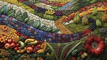 A patch of land transformed into a mosaic of bold geometric shapes using fruits and vegetables in a rainbow of hues showcasing the beauty and diversity of natures bounty photo