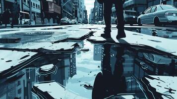 A city street filled with craters of varying depths creating treacherous puddles for pedestrians to navigate photo