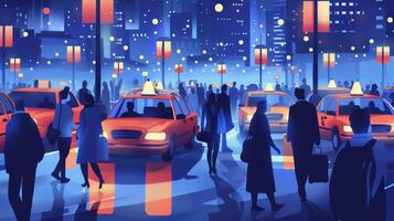 A bustling taxi rank at rush hour with a constant stream of business travelers hopping in and out of cabs. The flashing lights of the city illuminate the scene photo