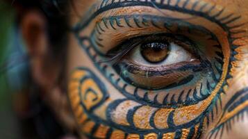 A womans face adorned with intricate facial markings represents the importance of ancestral wisdom in traditional healing practices photo