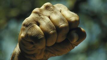 A closeup of a persons clenched fist representing the power of the mind and its ability to push through physical limitations photo