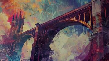 With its imposing arches and intricate details the historic bridge s through the colorful sky adding to the picturesque view of the citys skyline photo