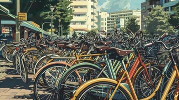 A busy scene in the city with a multitude of bicycles occupying a designated parking area highlighting the popularity of biking as a means of travel photo