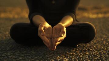 A peaceful image of a persons hands resting on their knees palms facing up in a meditative gesture representing the calm and tranquility achieved through deep breathing exercises photo