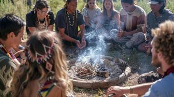 un grupo de personas reunido en un circulo con su ojos cerrado participativo en un nativo americano manchando ritual a limpiar el mente cuerpo y espíritu foto