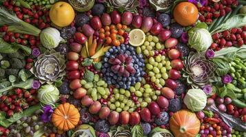 A colorful array of fresh fruits and vegetables are arranged in a mandalalike pattern. This intentional display of vibrancy and nourishment pays homage to the Ayurvedic principl photo