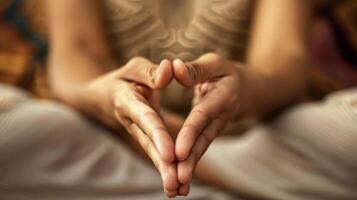 A focused shot of hands clasped together in front of the heart showcasing the surface of the skin and the subtle energy transfer that occurs during yoga poses photo