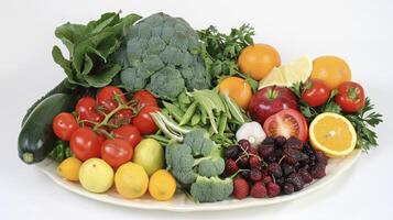 A plate filled with colorful vegetables and fruits with different tastes and textures reflecting the Ayurvedic principle of achieving balance through a variety of nourishin photo