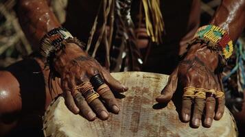 A zoomedin shot of colorful cords and feathers adorning the shamans wrists ankles and neck as they move to the rhythm of the drums photo