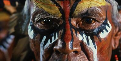 A closeup of intricate face paint on the shamans and forehead representing the spirits they are communing with photo