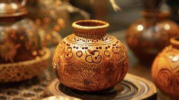 A small intricately designed gourd is filled with a pungent ambercolored liquid. This liquid is believed to improve digestion and boost the immune system photo