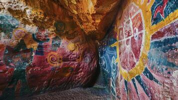 An upclose view of a colorful handpainted mural on the inside walls of a sacred cave. The intricate patterns and symbols depict stories of miraculous healing and are believe photo