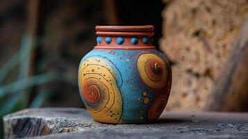 A colorful terracotta jar with a vibrant mix of swirling patterns holds a special blend of waters from sacred rivers and lakes known to bring balance and harmony to the min photo