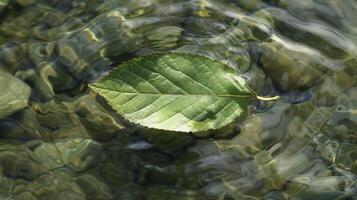 A solitary leaf perhaps torn from its original source drifts peacefully in the water its herbal powers dispersed in the tranquil currents photo