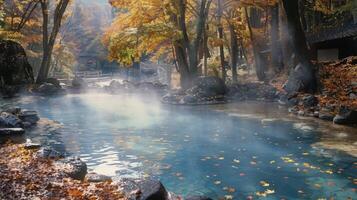 The hot spring is surrounded by a blanket of fallen leaves giving a sense of autumnal coziness. Steam rises from the water blending with the colorful foliage and creatin photo