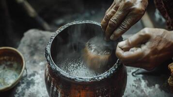 A pair of hands carefully strain a pot of boiling traditional medicine separating the potent liquid from the plant matter and collecting it in a jug for later use photo