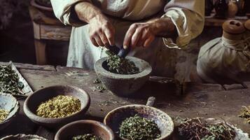 In a rustic kitchen a man carefully grinds various dried herbs with a mortar and pestle creating a fragrant mixture for use in traditional medicinal cooking photo