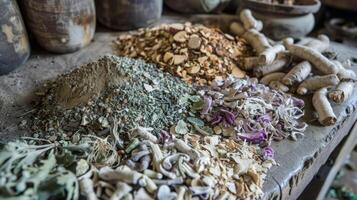 A mixture of powdered roots leaves and seeds await to be used in the preparation of traditional medicine signifying the importance of precise measurements in this practice photo