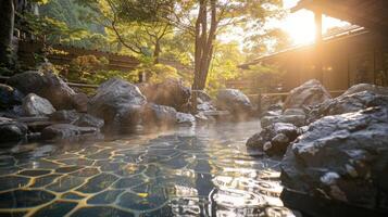The hot spring is nestled within a rocky alcove giving the feeling of being coed in nature. Rays of golden sunlight peek through the trees creating a warm and inviting atmosphere photo
