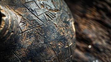 A weathered stone jar with ancient symbols etched into its surface contains a powerful elixir derived from the healing waters of a mystical underground cave photo