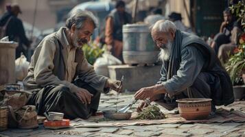 In a bustling marketplace a healer sets up a makeshift clinic using a mat and a few simple tools. His patient a man with a twisted ankle watches with curiosity as the heale photo