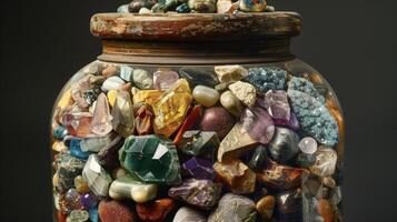 A large traditional apothecary jar filled to the brim with a mixture of colorful minerals illustrating the complex and varied combinations used in traditional medicine photo