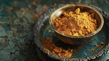 A bowl of fragrant golden turmeric powder highlighting the use of this powerful e in traditional Ayurvedic medicine for its antiinflammatory and antioxidant properties photo