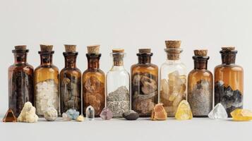 un colección de pequeño marrón vaso botellas cada etiquetado con un diferente mineral exhibiendo el amplio rango y variedad de minerales usado en tradicional medicina foto