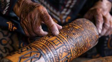 A focused image of a persons finger tracing the intricate patterns on a traditional indigenous rattle used in healing rituals photo