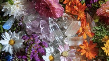 A closeup of a crystal grid with carefully p crystals aligning with the herbs and flowers surrounding it creating a powerful fusion of energies photo