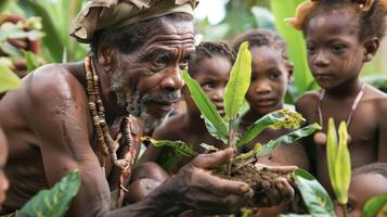 A group of children gather around an elder man as he shows them how to identify different plants and their medicinal uses in the wild photo