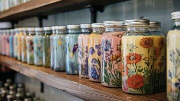 A row of glass jars filled with colorful salves and ointments line a shelf. Each jar is adorned with a handdrawn illustration of the specific plant used in the product showcasin photo