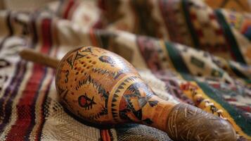 A traditional rattle made from a gourd filled with pebbles or seeds and adorned with intricate designs sits on a blanket. This rattle is often used in spiritual ceremonie photo