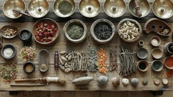 A selection of traditional medicinal roots and herbs laid out on a wooden table along with an assortment of singing bowls and gongs showcasing the harmonious blend of ancien photo