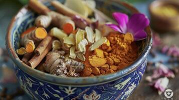 A bowl of colorful es including turmeric ginger and cinnamon commonly used in traditional medicine for their antiinflammatory and healing properties photo