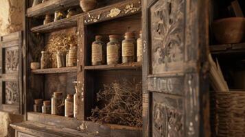 un rústico de madera gabinete adornado con seco hierbas y escrito etiquetas sirve como un recordatorio de el antiguo conocimiento y sabiduría pasado abajo mediante generaciones de curanderos foto