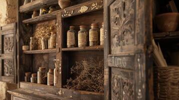 A rustic wooden cabinet adorned with dried herbs and handwritten labels serves as a reminder of the ancient knowledge and wisdom passed down through generations of healers photo