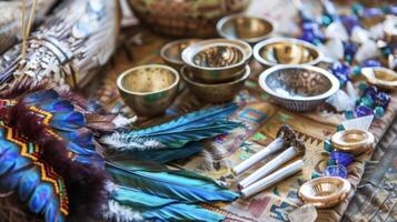 The closeup of a traditional medicine bundle adorned with feathers and crystals beside a set of tuning forks and sound bowls symbolizing the integration of holistic healin photo