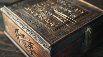 A detailed shot of a small intricate wooden box holding acupuncture needles with calligraphic Chinese characters adorning the lid representing the power and tradition of Chines photo
