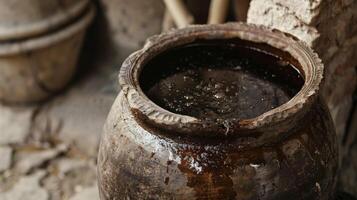 A cracked clay pot filled with a dark pungent liquid a traditional medicine made from fermented herbs and used to boost immunity photo