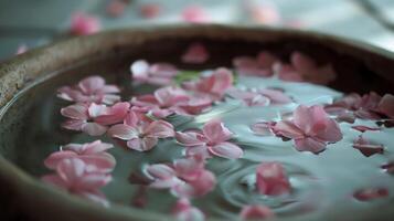 Delicate pink petals float in a shallow dish of water creating a serene setting for the preparation of herbal remedies photo