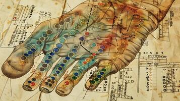 A detailed view of a reflexology chart with each point on the foot corresponding to different and systems in the body photo