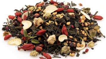 A closeup of an herbal tea blend containing ingredients like goji berries green tea and licorice with a label that reads ancient Chinese remedy for vitality and longevity photo